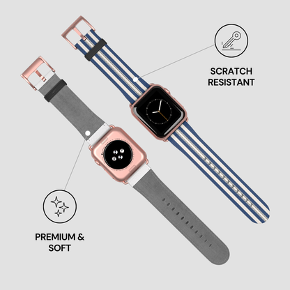 Smartwatch with gray and blue striped band on a light gray background