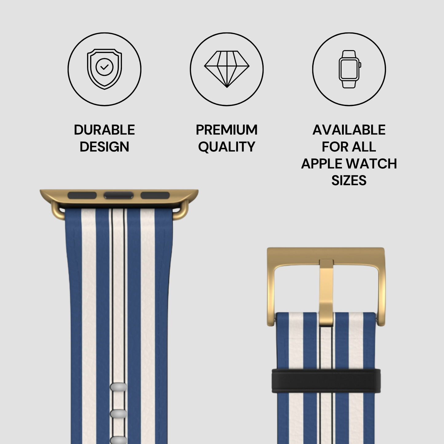 Striped watch band with gold buckle on a light gray background, featuring durability, quality, and size availability text.