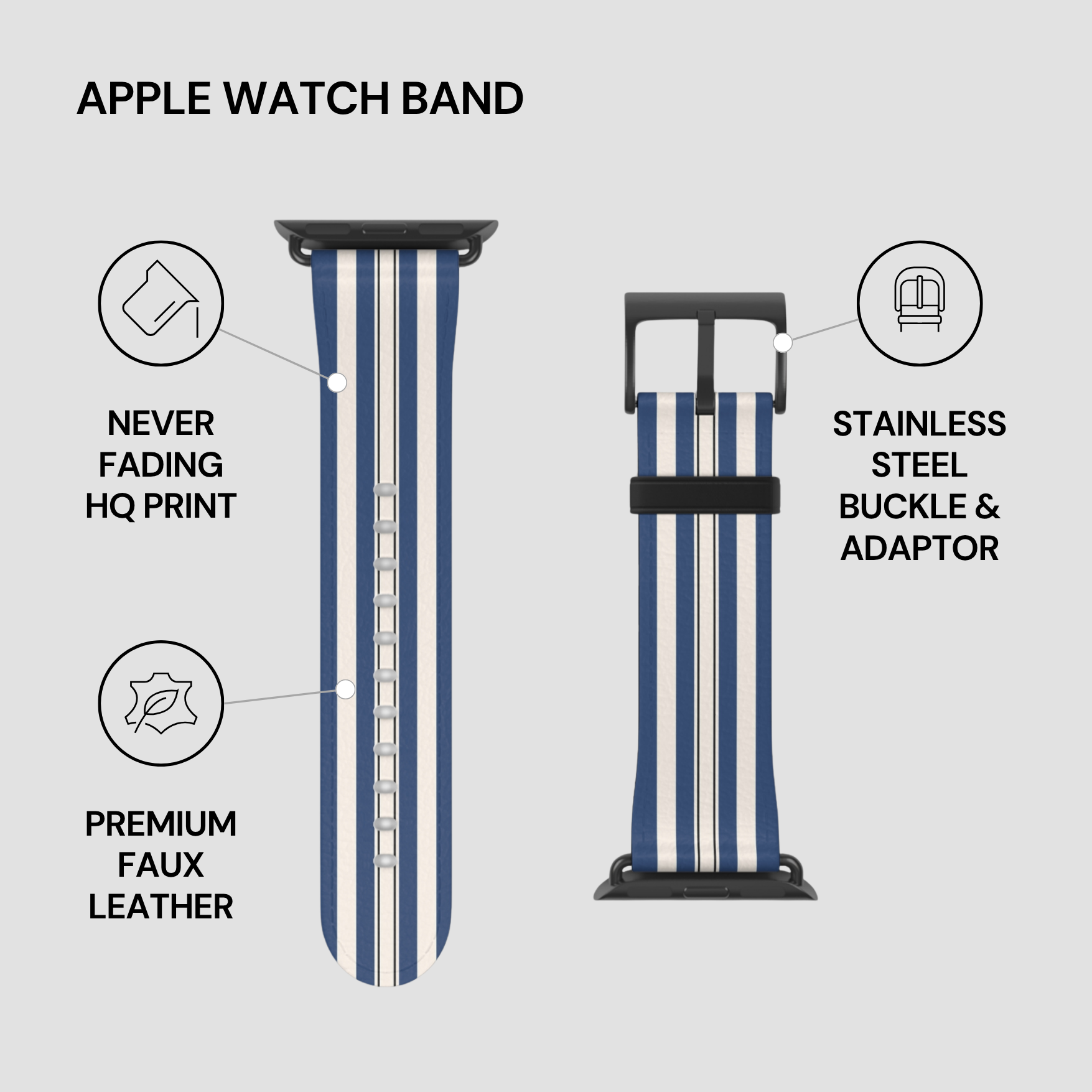 Apple Watch band with features highlighted on a gray background
