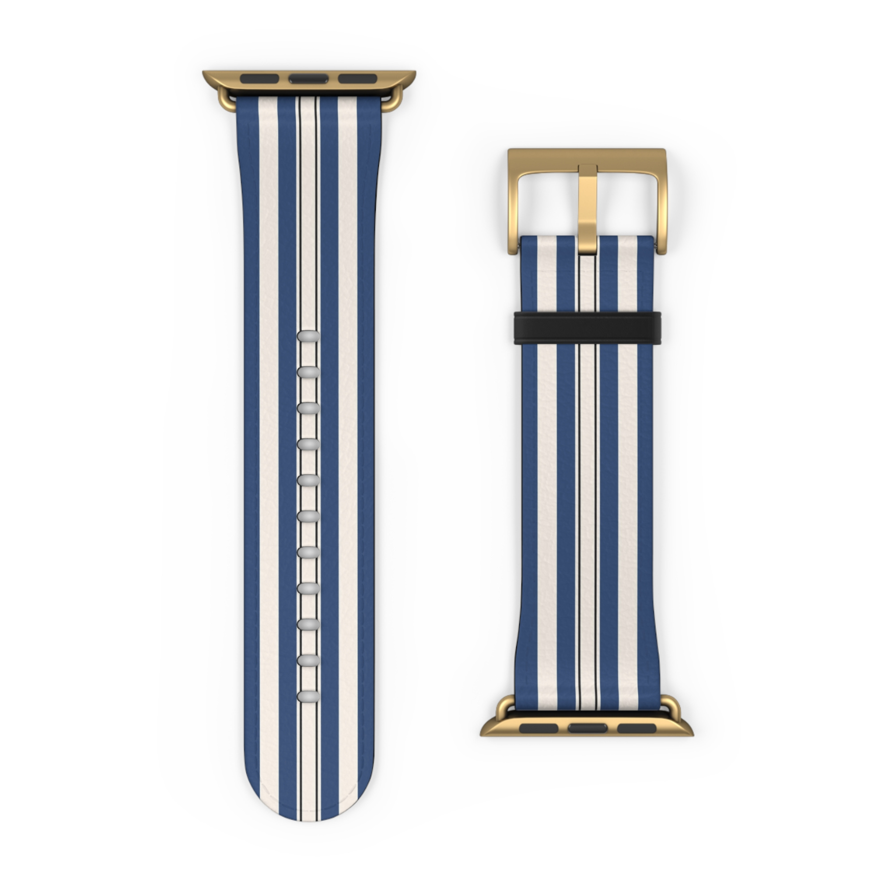 Navy and white striped watch band with gold hardware on a white background