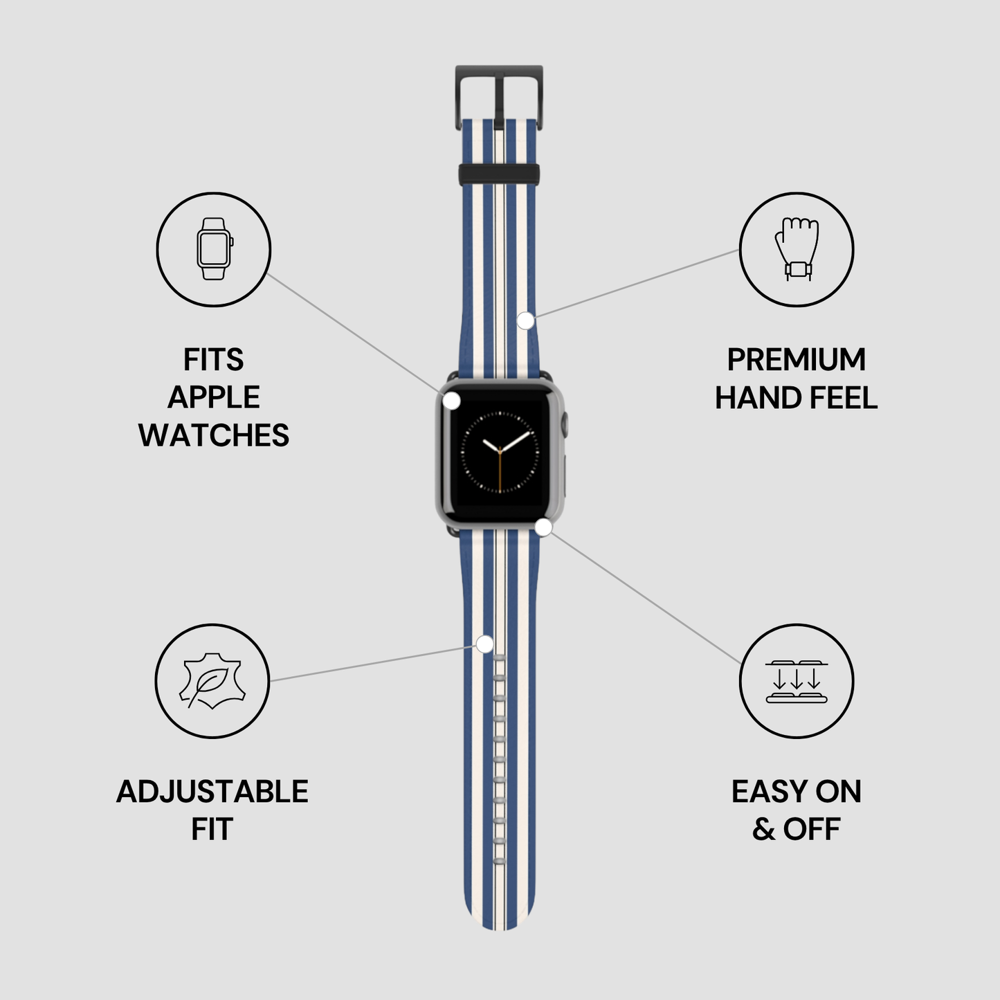 Smartwatch with a blue strap on a gray background with feature icons.