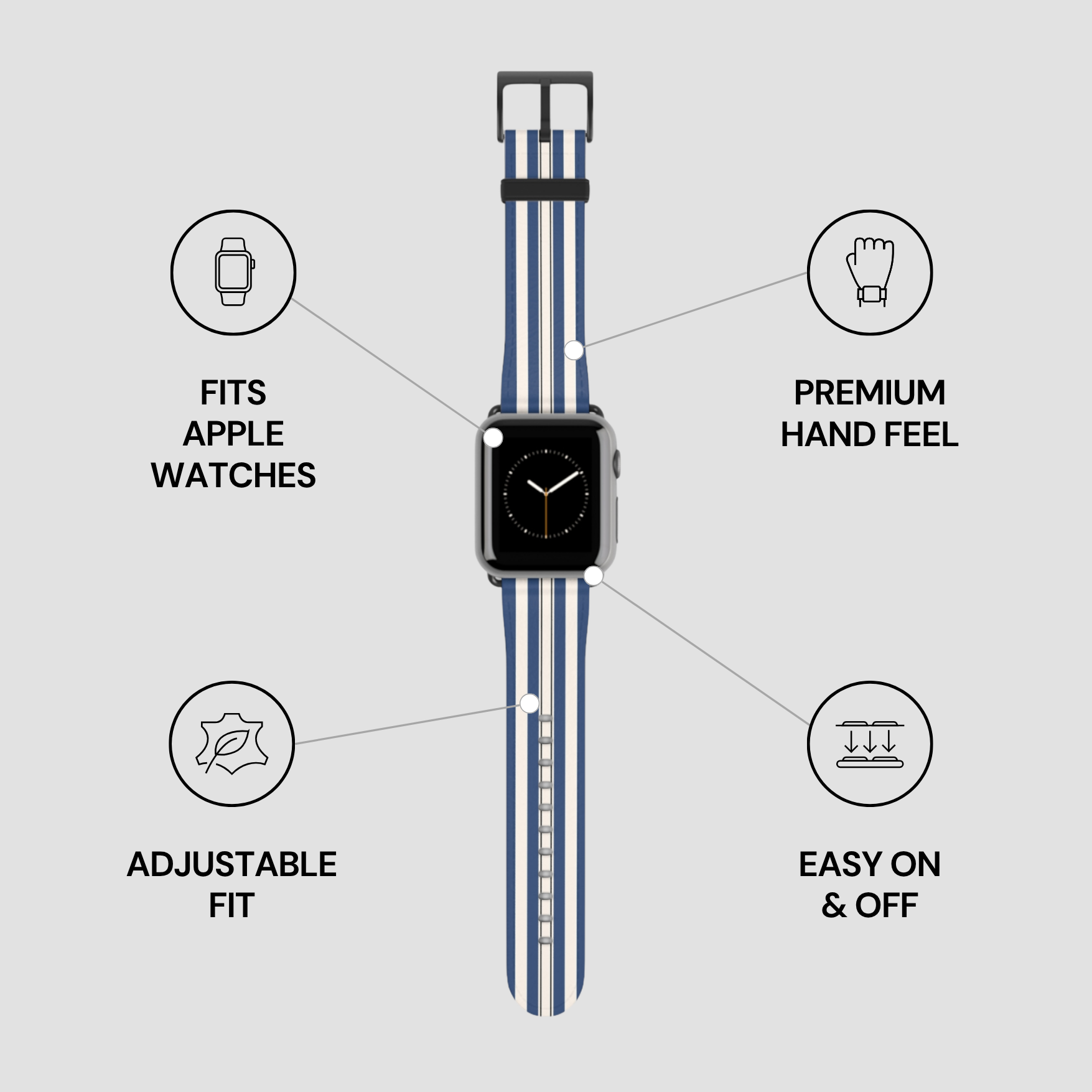 Smartwatch with a blue strap on a gray background with feature icons.
