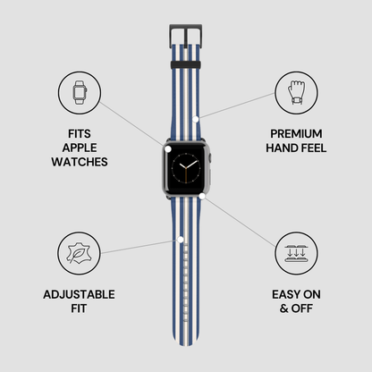 Smartwatch with a blue strap on a gray background with feature icons.