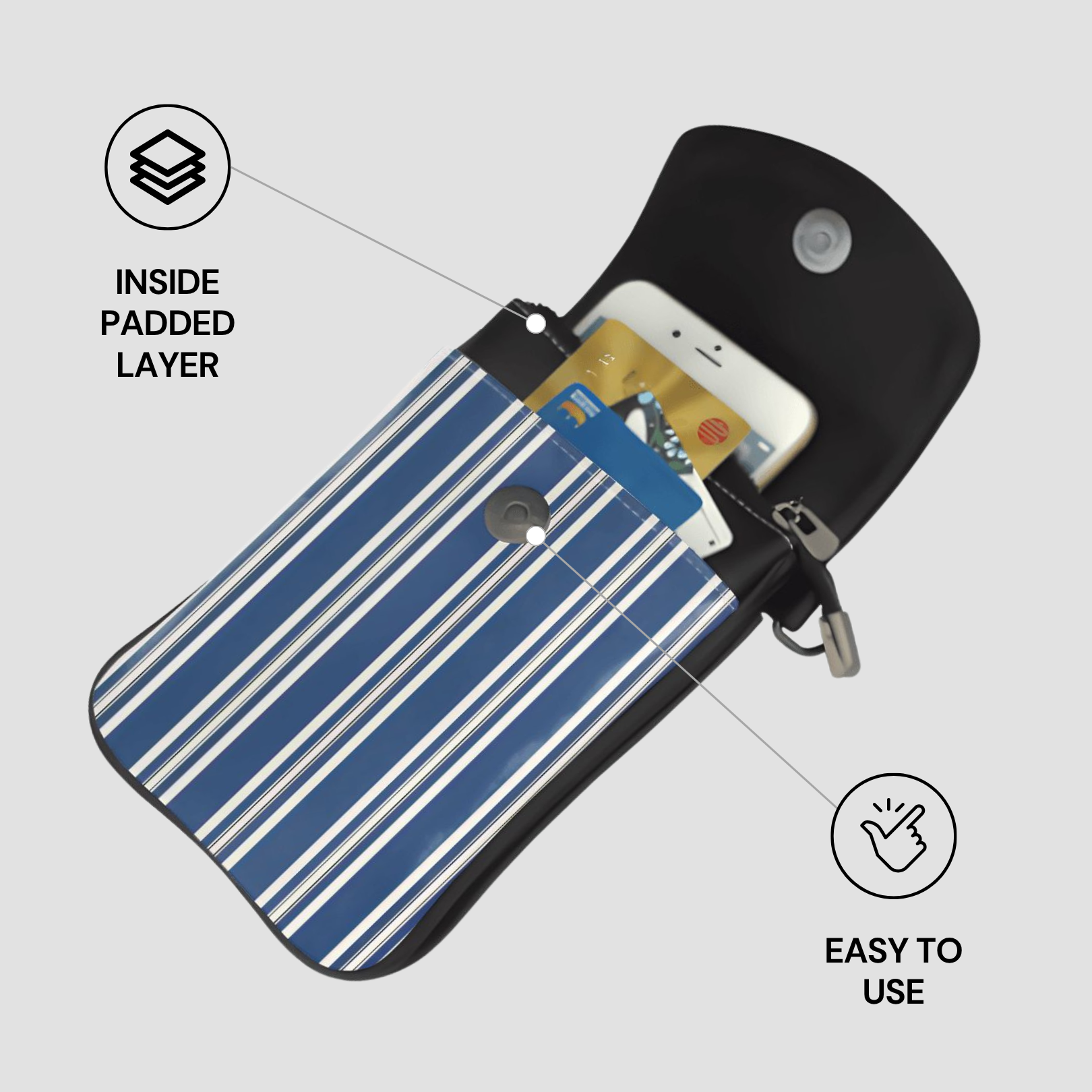 Patterned pouch with phone and cards, labeled 'Inside Padded Layer' and 'Easy to Use'.