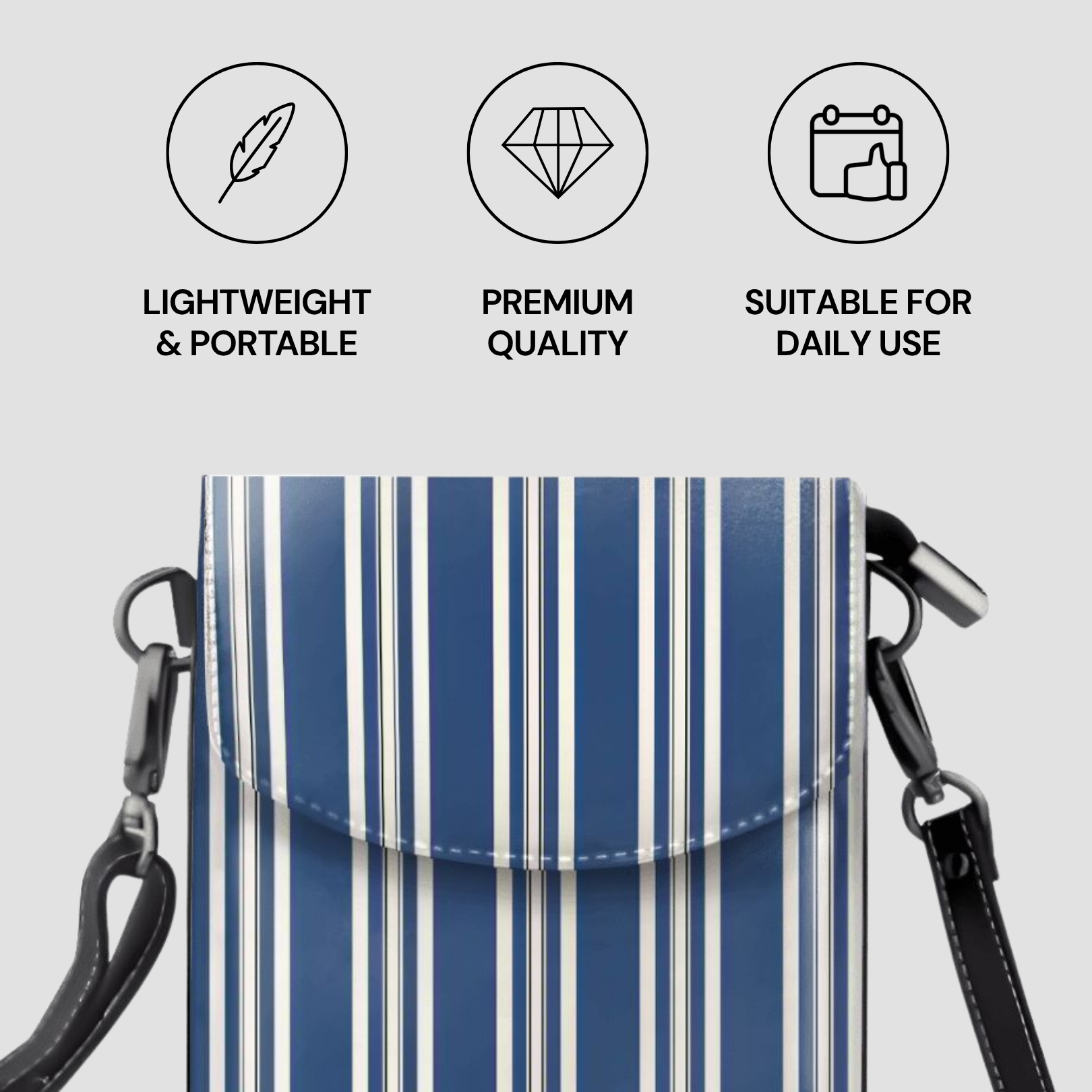 Blue and white striped bag with features labeled on a gray background