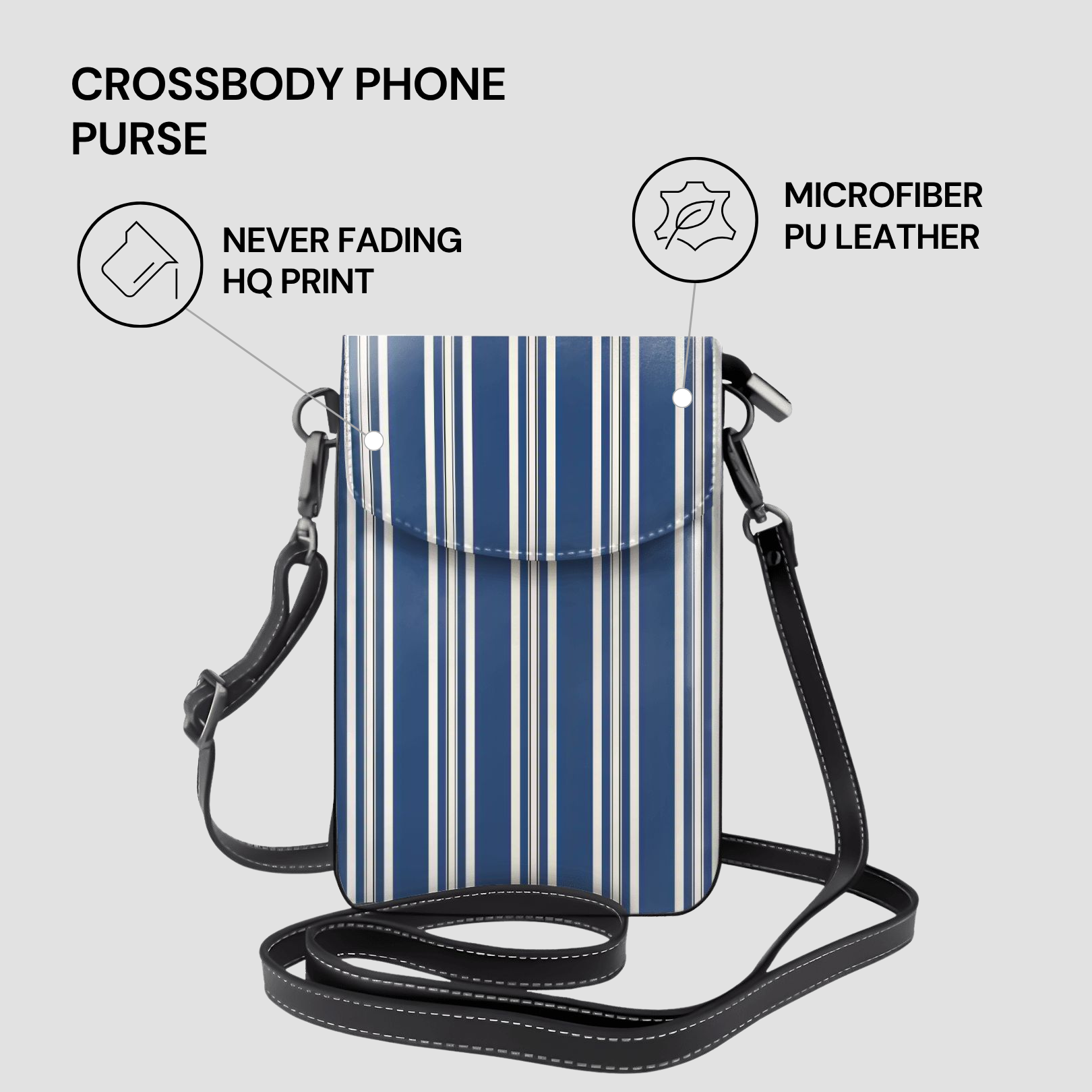 Blue and white striped crossbody phone purse on a light gray background with text highlighting features.