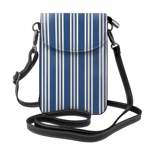 Blue and white striped crossbody bag with a black strap on a white background