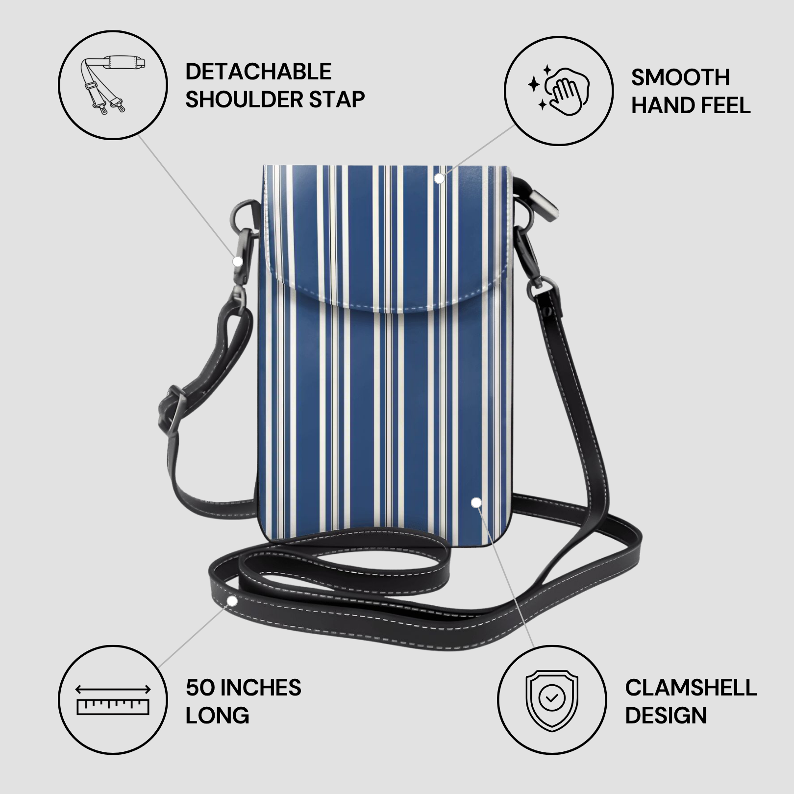 Blue striped crossbody bag with features highlighted on a light gray background