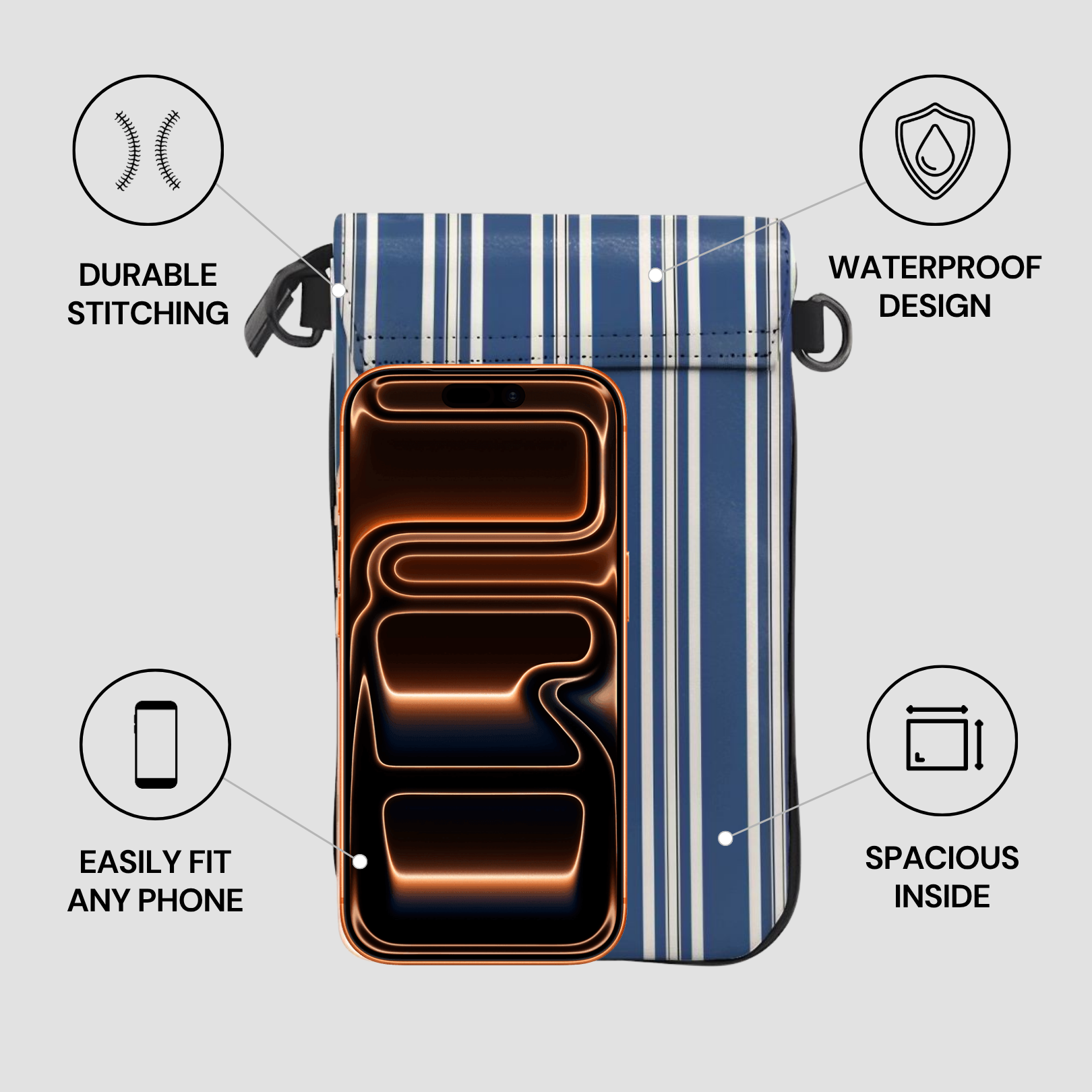 Blue striped pouch with features highlighted on a gray background