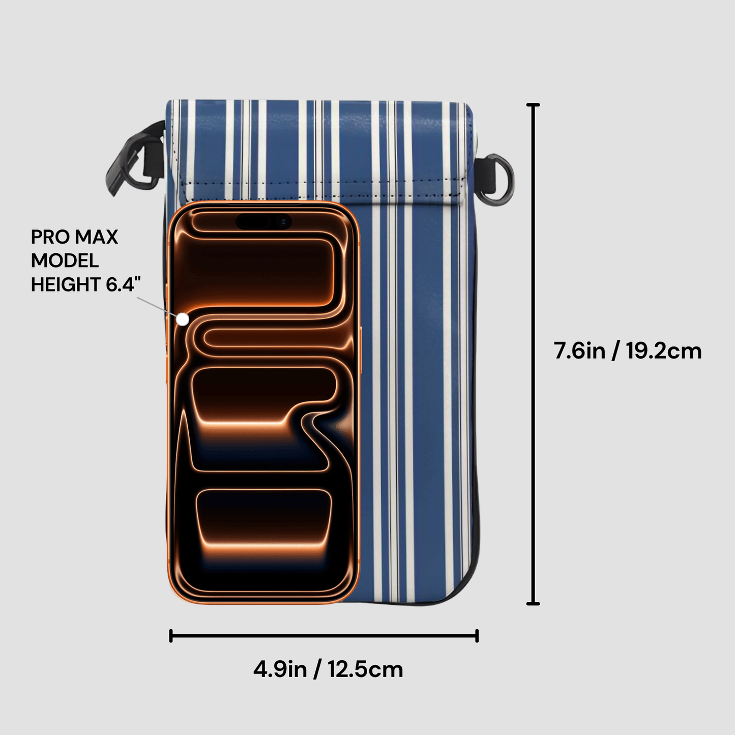 Blue striped phone case with dimensions indicated on a gray background