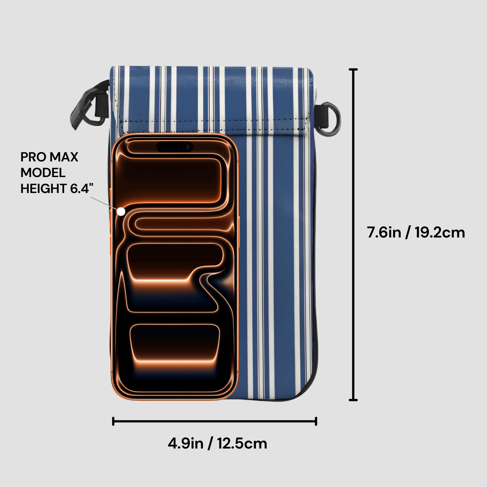 Blue striped phone case with dimensions indicated on a gray background