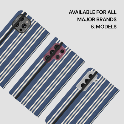 Blue and white striped phone case on a gray background with text 'Available for all major brands & models'.