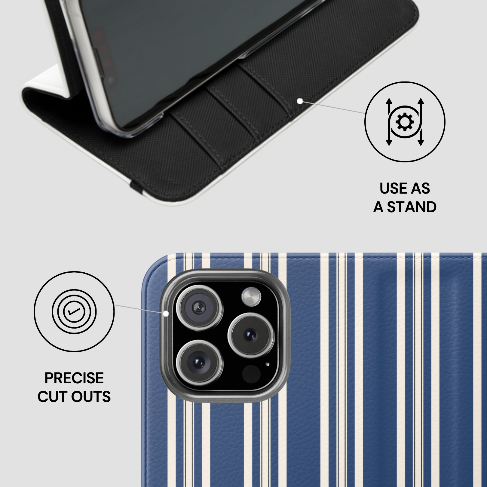 Phone case with stand feature and camera cutout on a white background