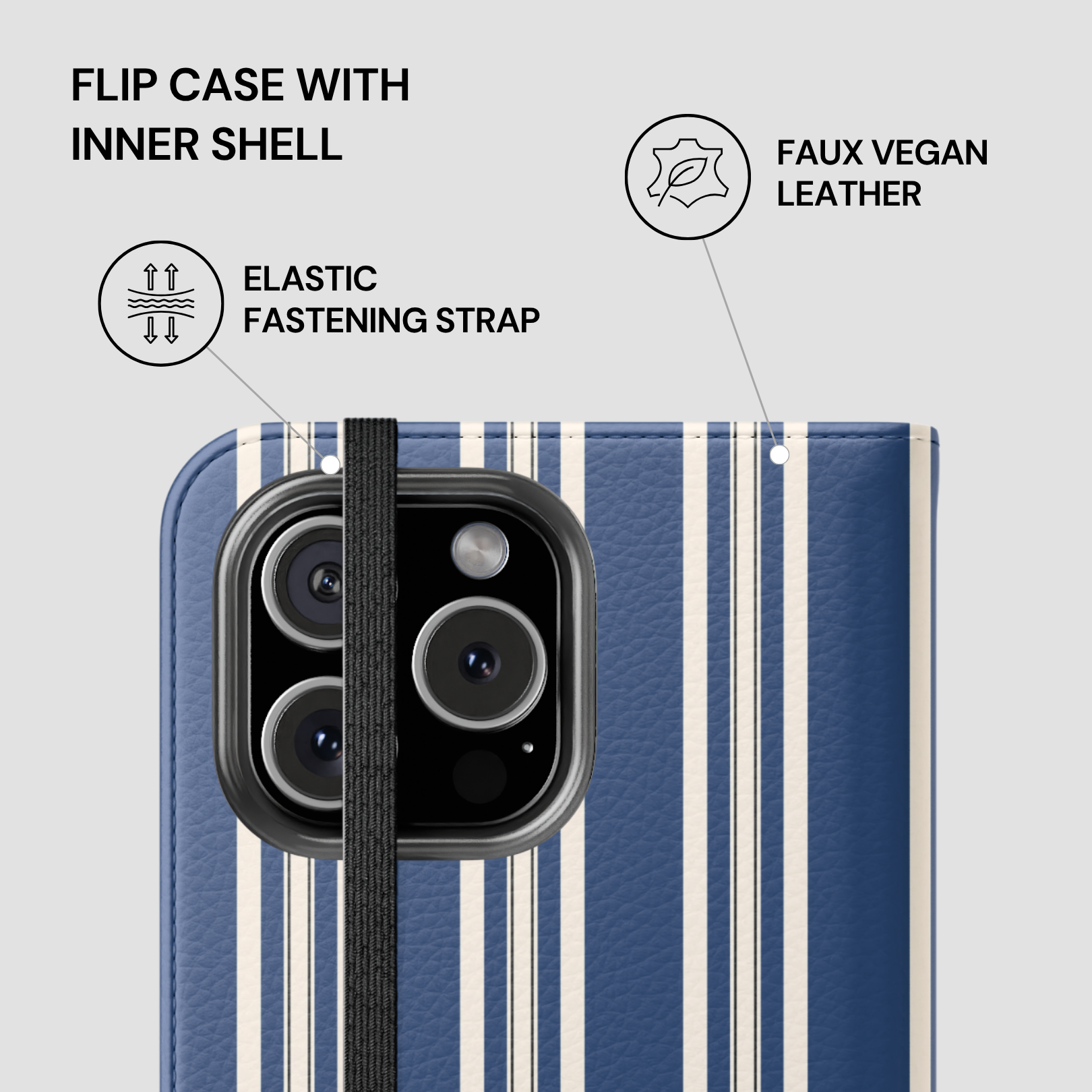 Blue and white striped phone case with features highlighted on a gray background