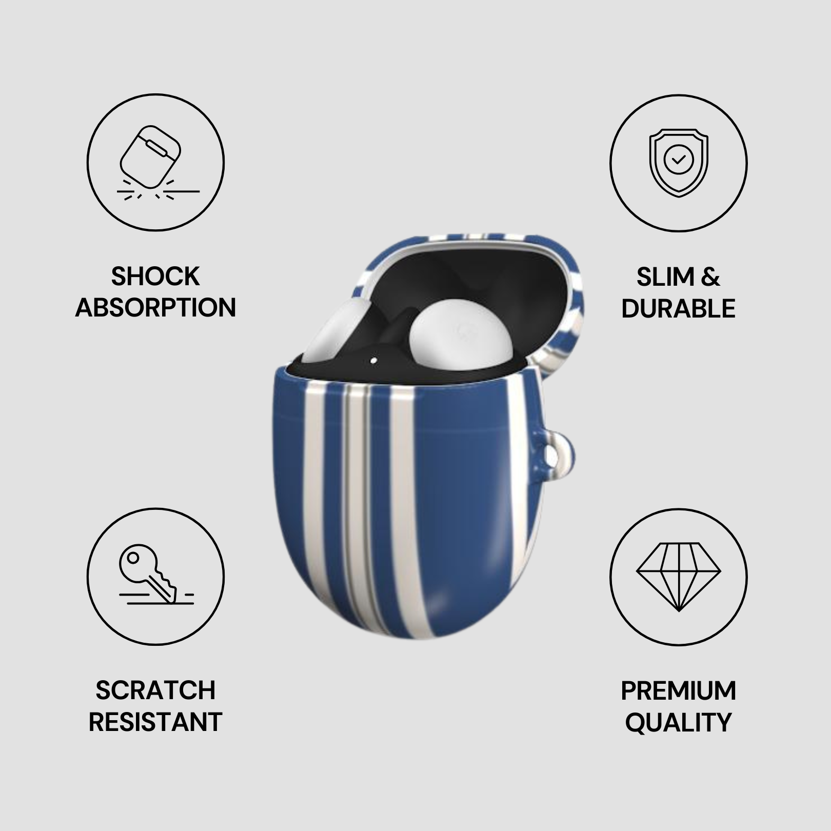 Blue and white striped case with icons and text highlighting features on a gray background