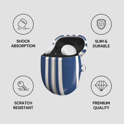 Blue and white striped case with icons and text highlighting features on a gray background