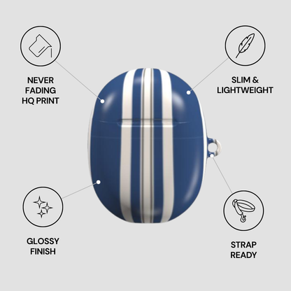 Blue and white striped pouch with features listed on a gray background