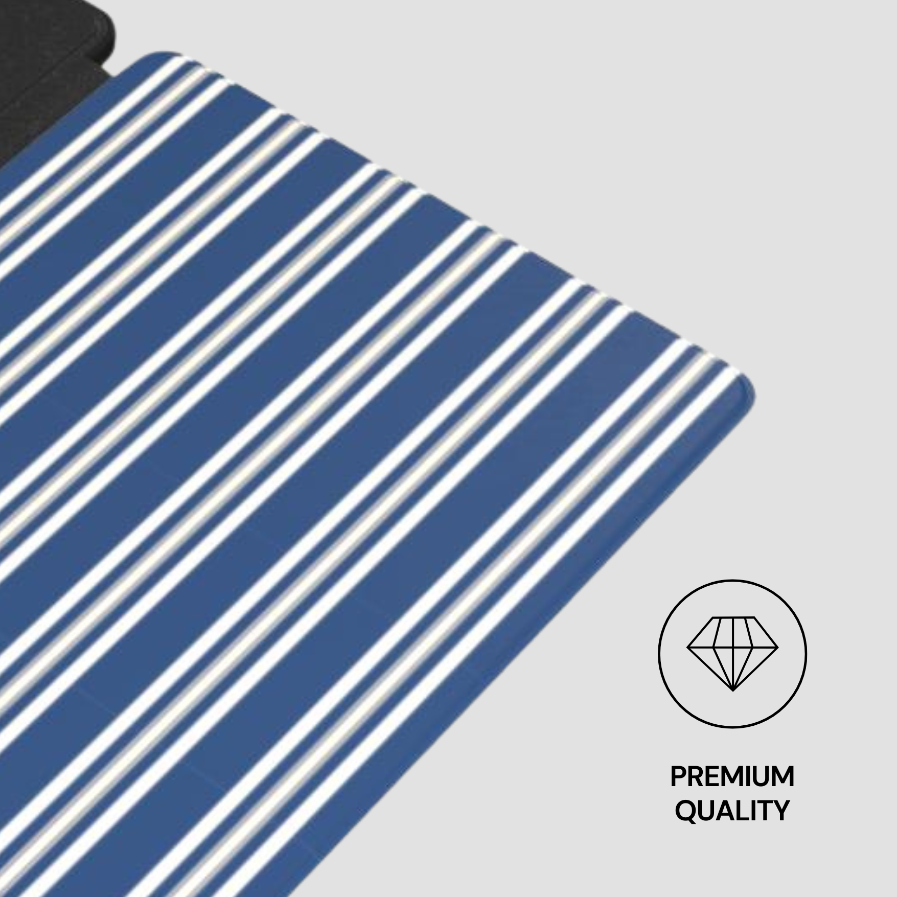 Blue and white striped car mat with a premium quality icon on a gray background