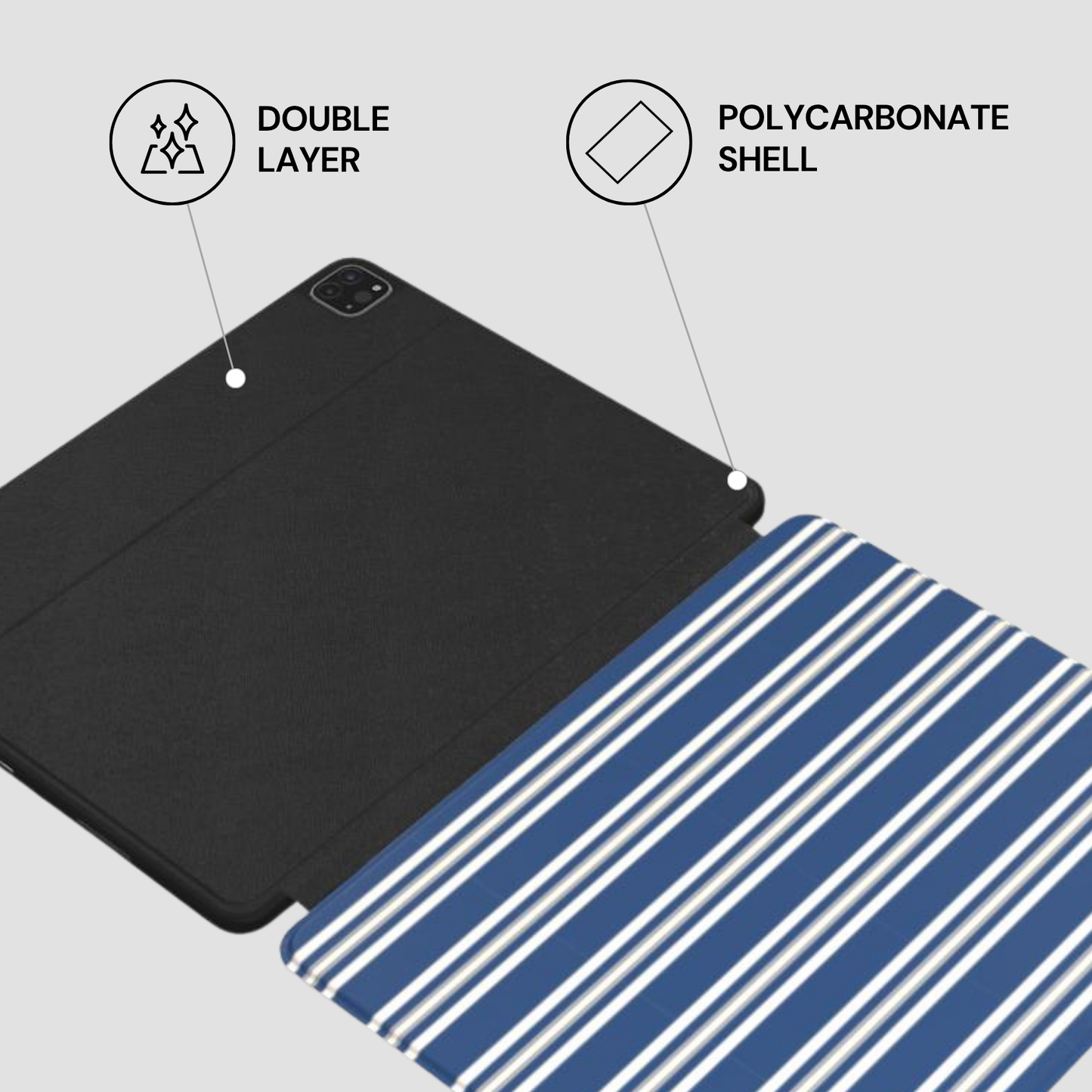 Two tablet cases, one black and one blue with white stripes, on a light gray background.