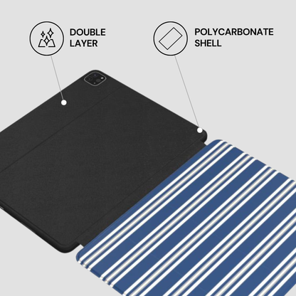 Two tablet cases, one black and one blue with white stripes, on a light gray background.