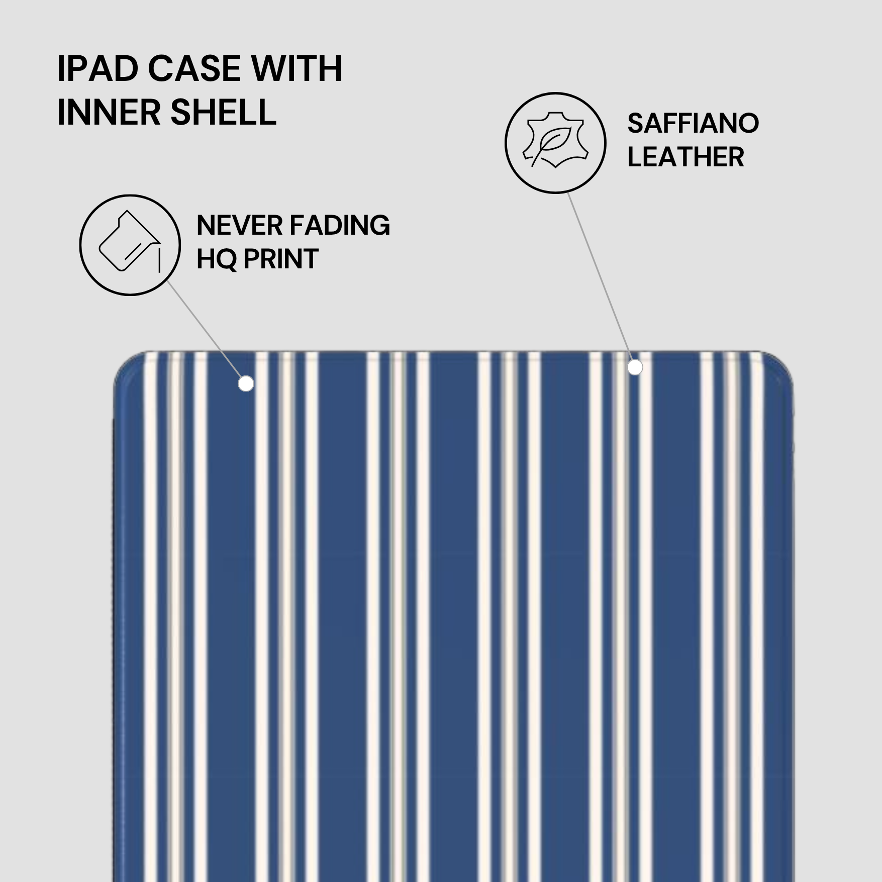 Blue and white striped iPad case with text highlighting features on a gray background
