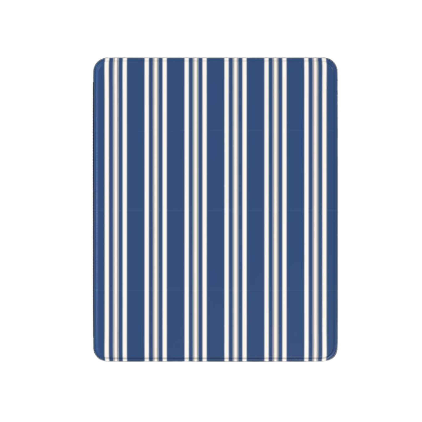 Rectangular mat with blue and white vertical stripes on a white background