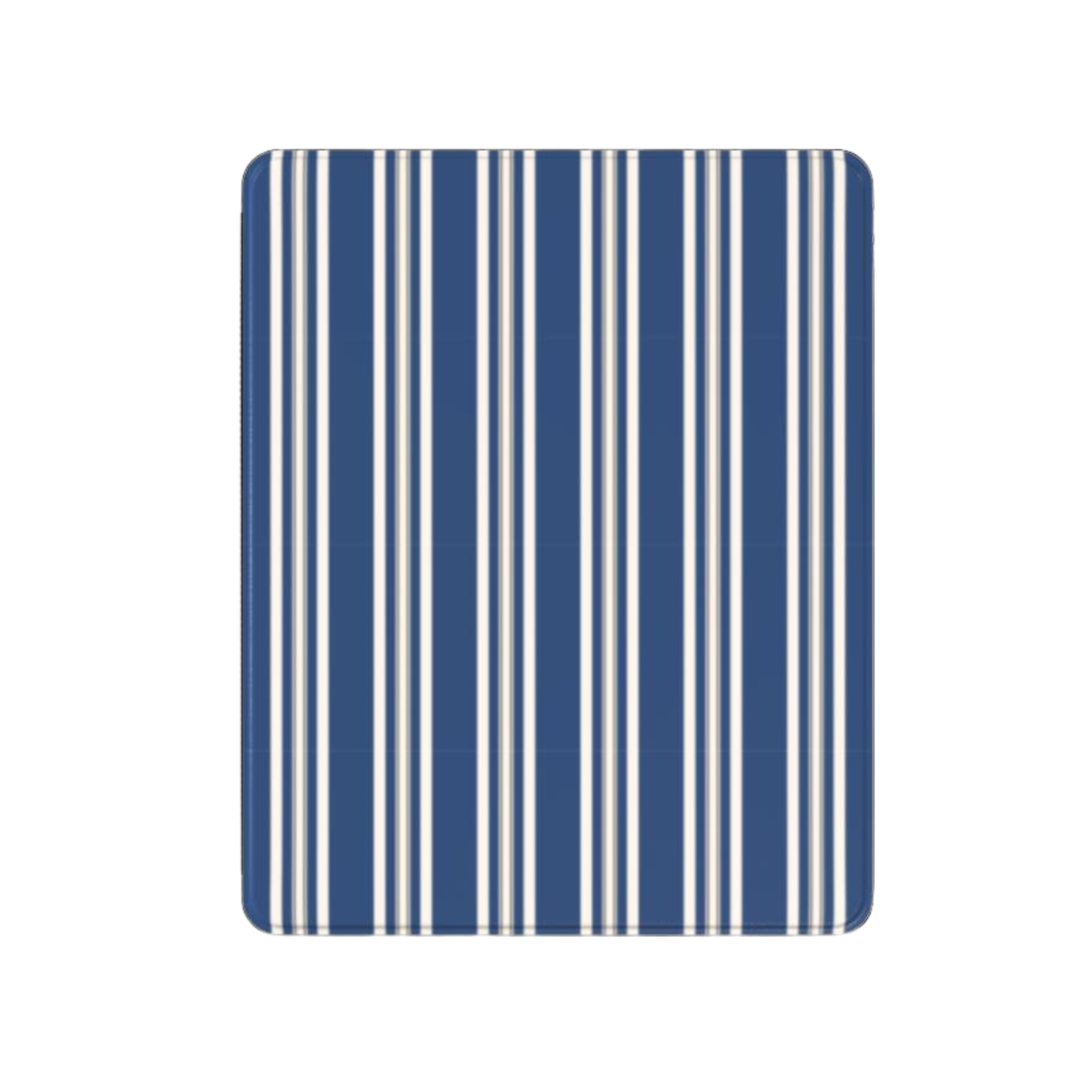 Rectangular mat with blue and white vertical stripes on a white background