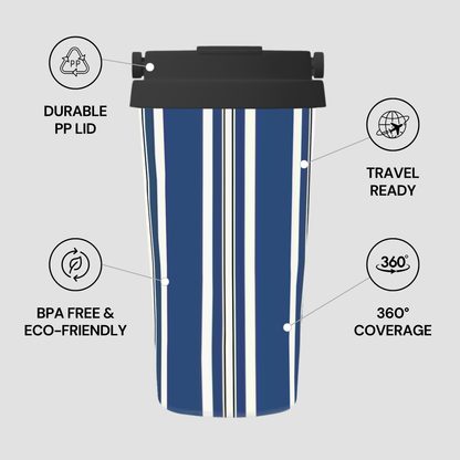 Blue and white striped tumbler with features labeled on a gray background