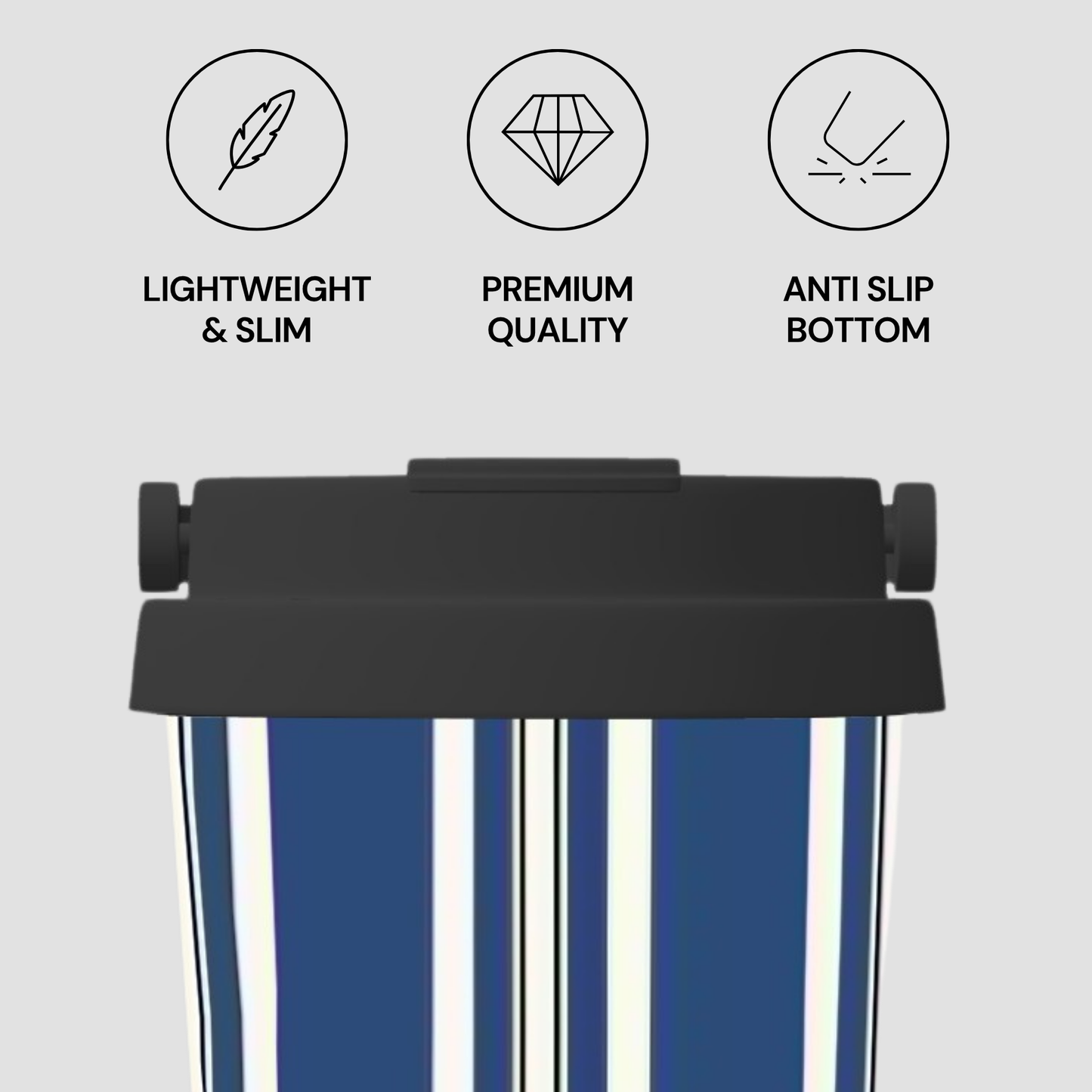 Blue and white striped chair with black seat and backrest, featuring icons and text about product features on a light gray background.