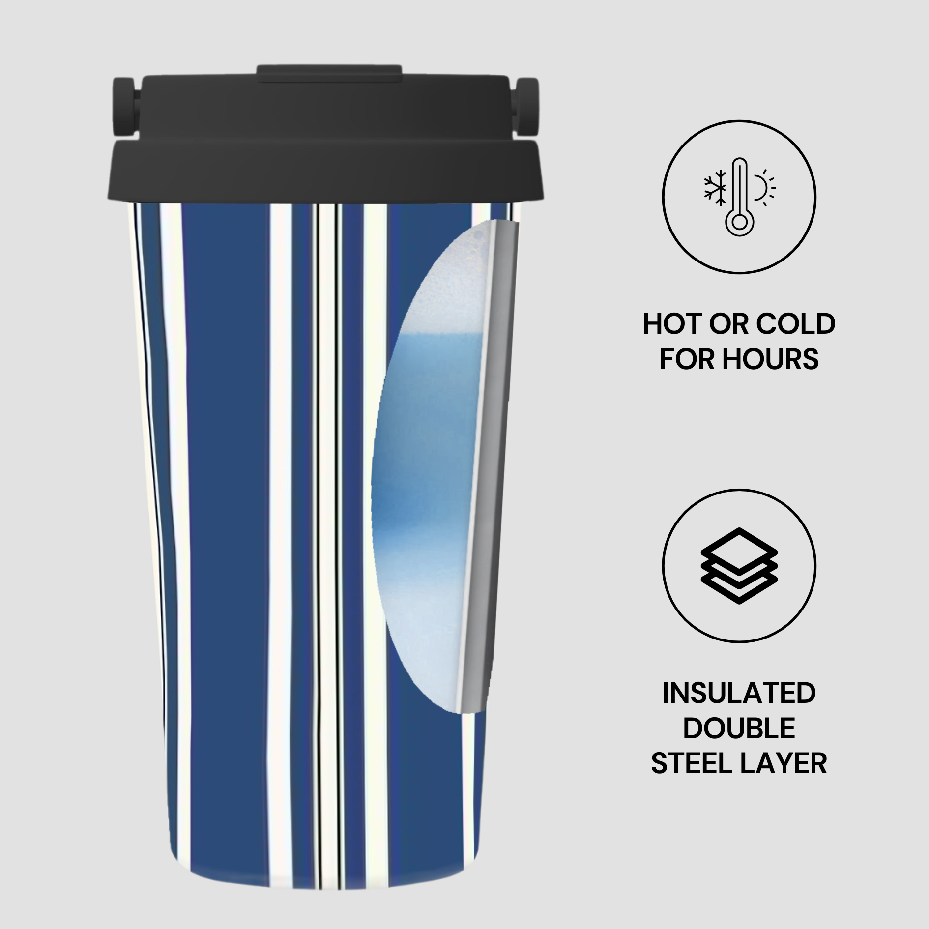 Blue striped insulated tumbler with black lid on a light gray background