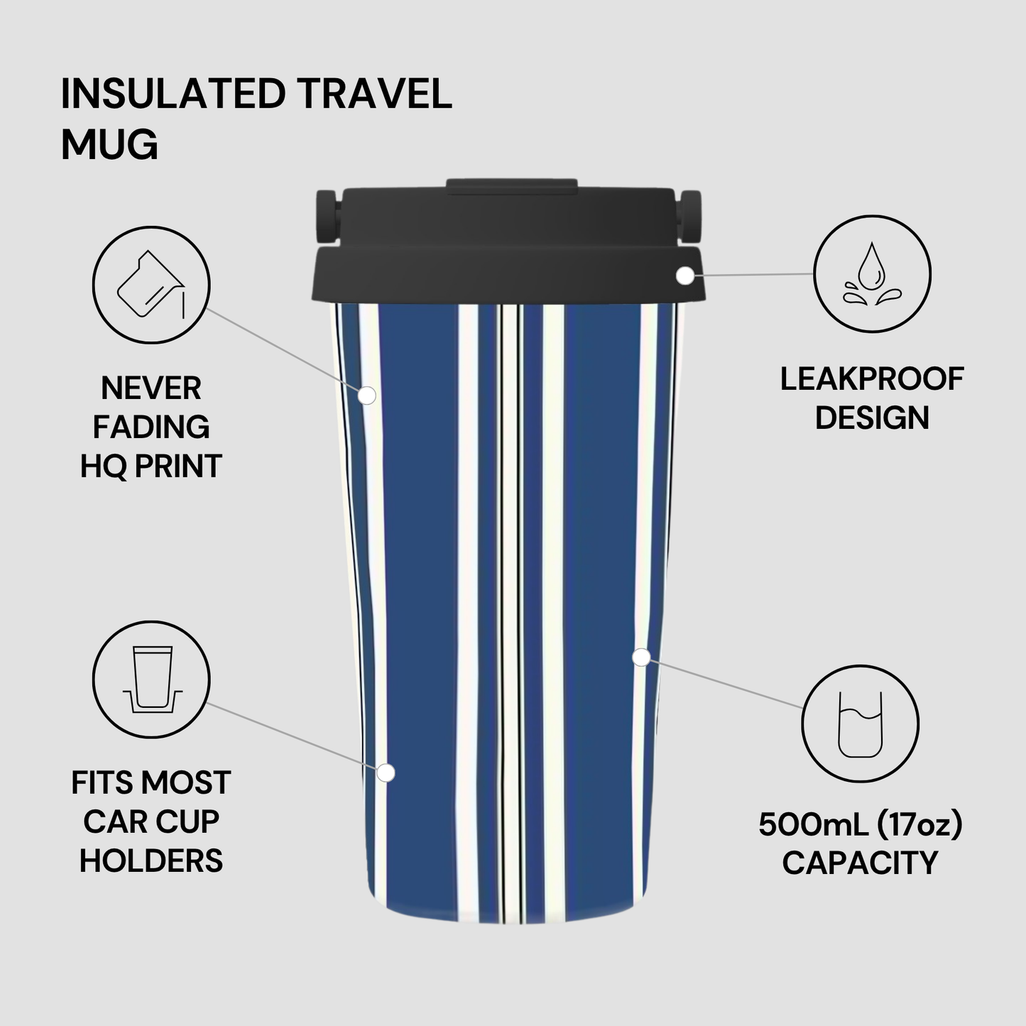 Blue striped insulated travel mug with features listed on a gray background