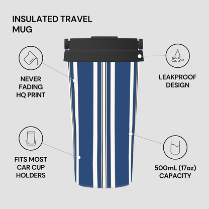 Blue striped insulated travel mug with features listed on a gray background