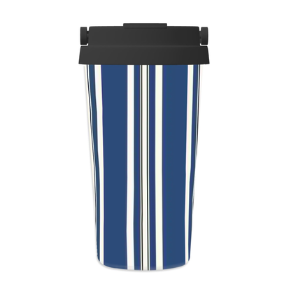 Tumbler with blue and white striped design on a white background