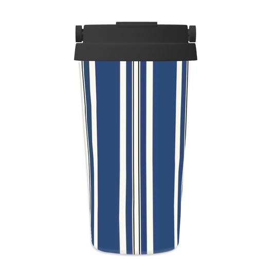 Tumbler with blue and white striped design on a white background