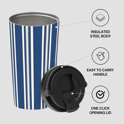 Blue striped tumbler with black lid on a light gray background