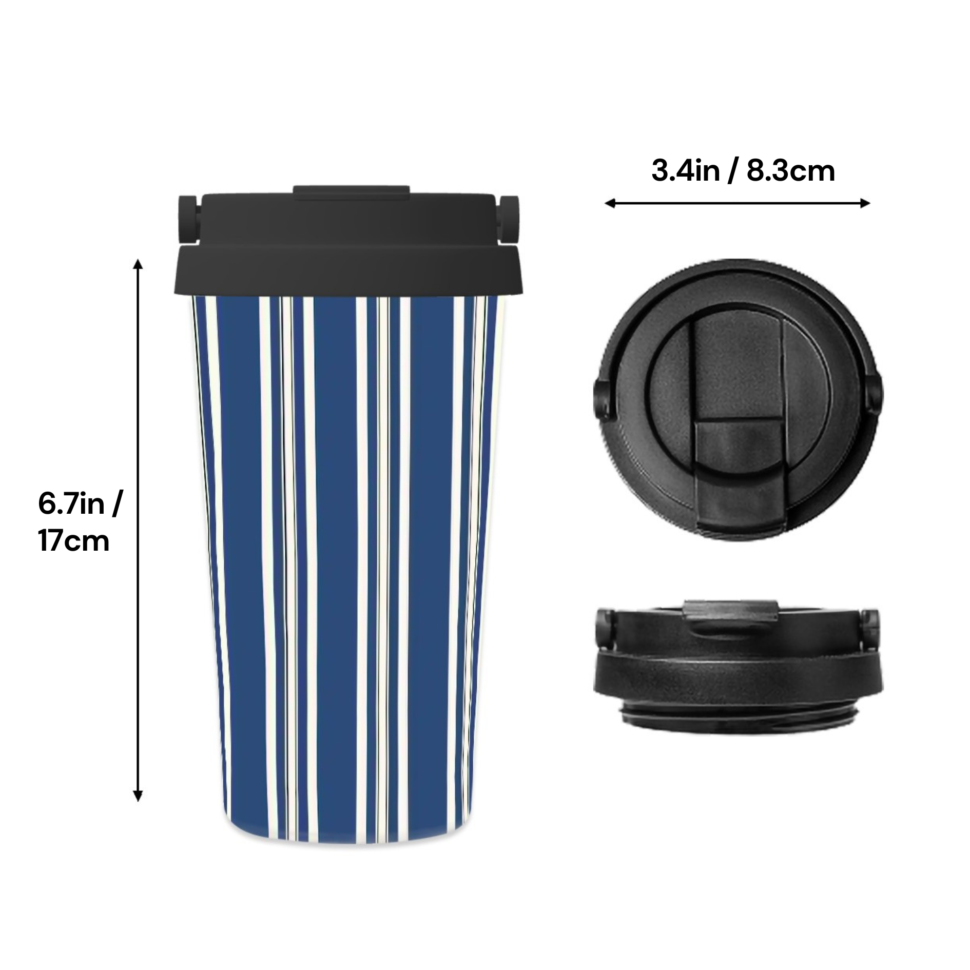 Blue striped travel mug with black lid and measurements on a white background