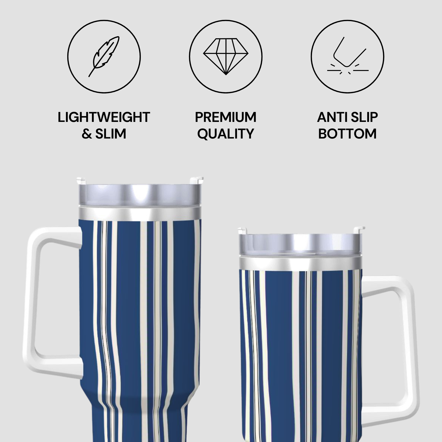 Two blue and white striped tumblers with icons and text describing features on a light gray background.