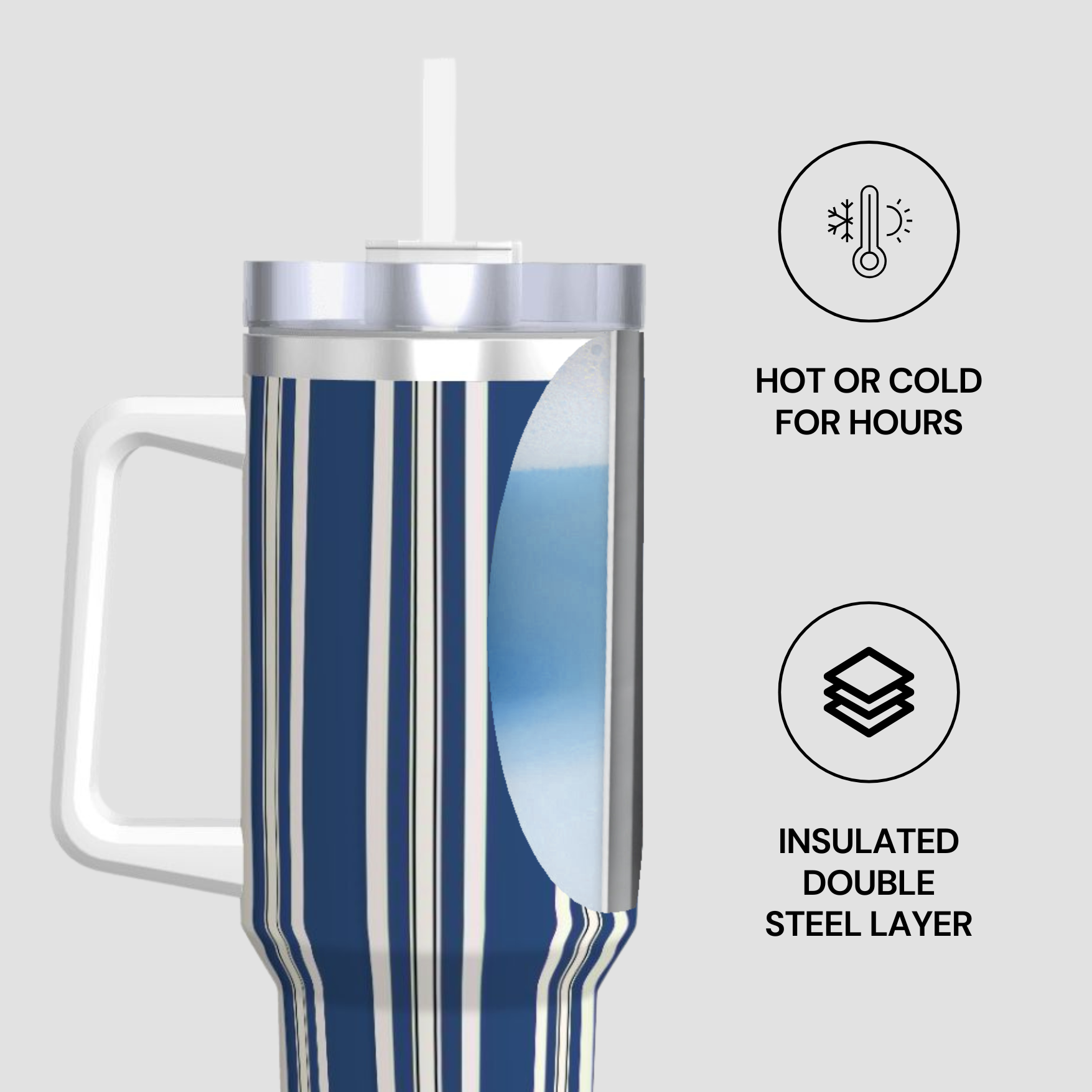 Blue striped insulated tumbler with handle on a light gray background