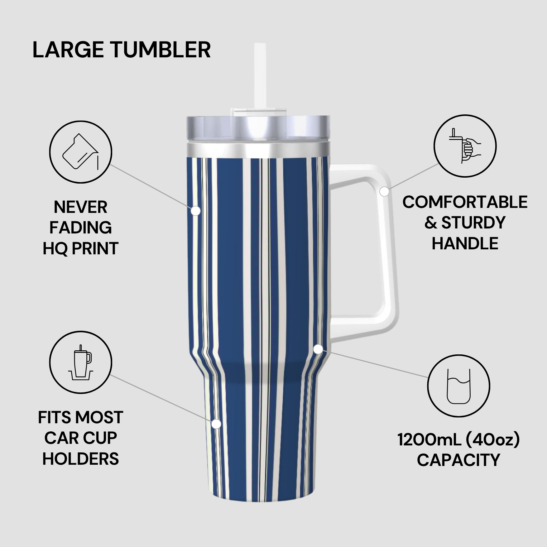 Blue striped tumbler with features highlighted on a gray background