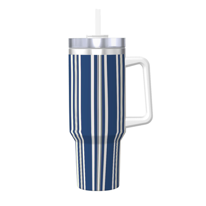 Blue and white striped mug with handle and straw on a white background