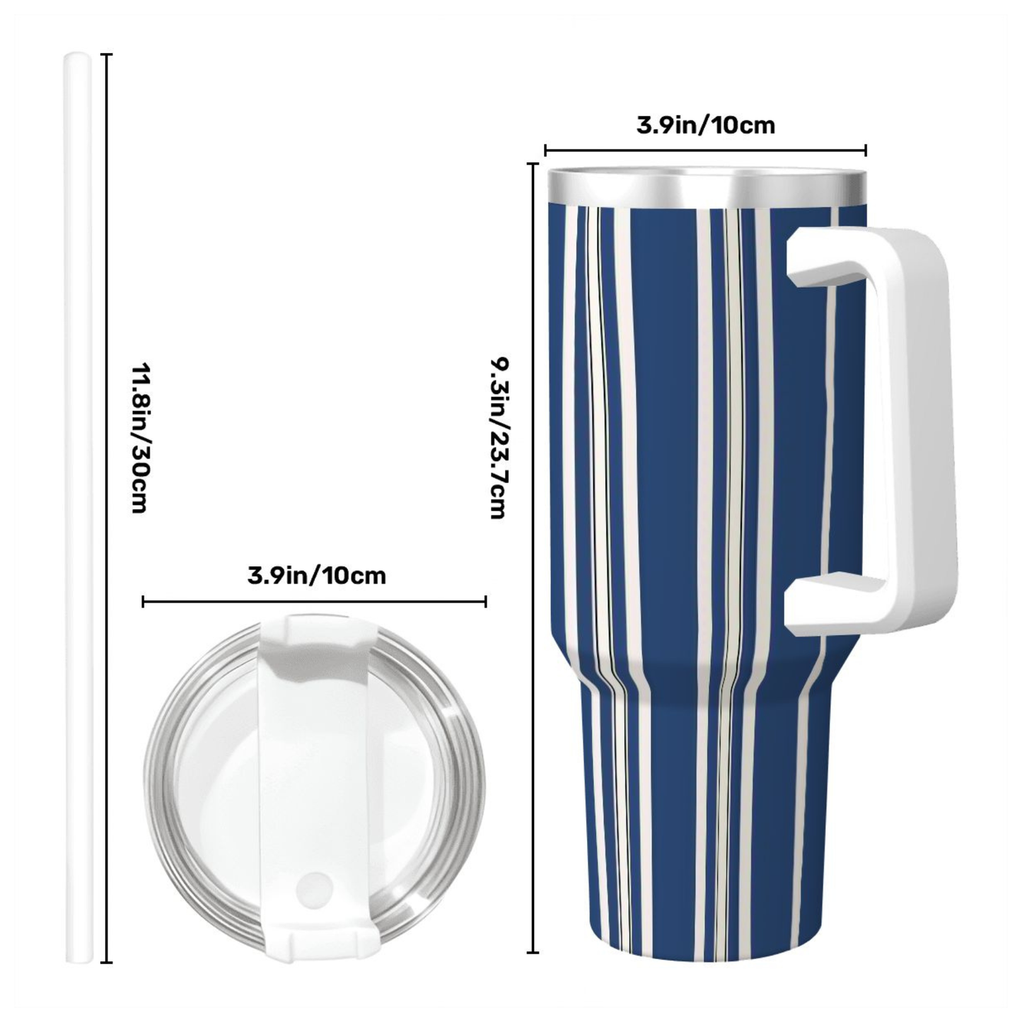 Blue striped tumbler with measurements on a white background