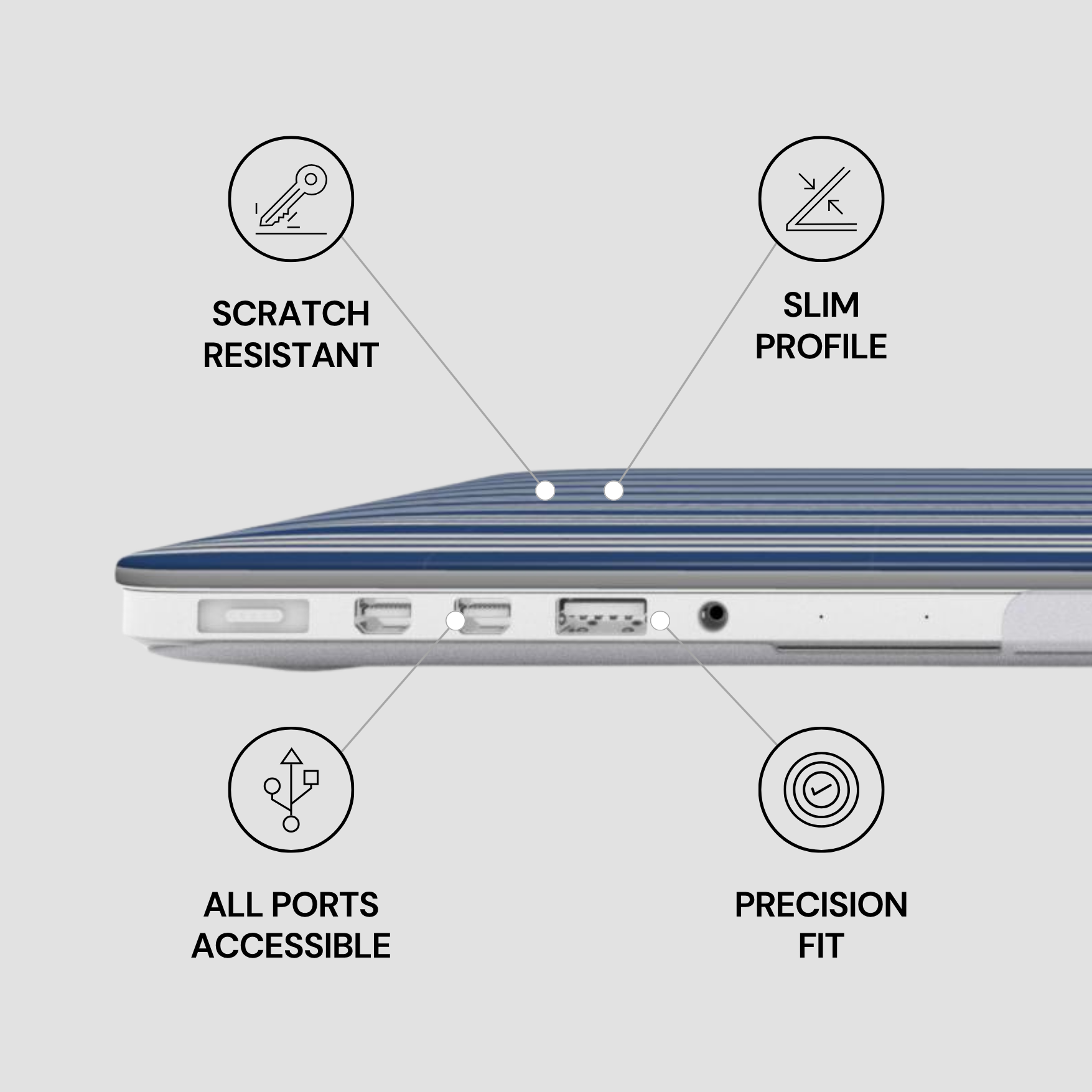 Laptop case with features labeled on a light gray background