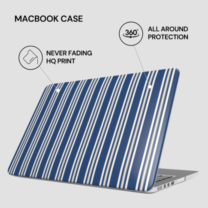 Blue and white striped MacBook case with text highlighting features on a light gray background