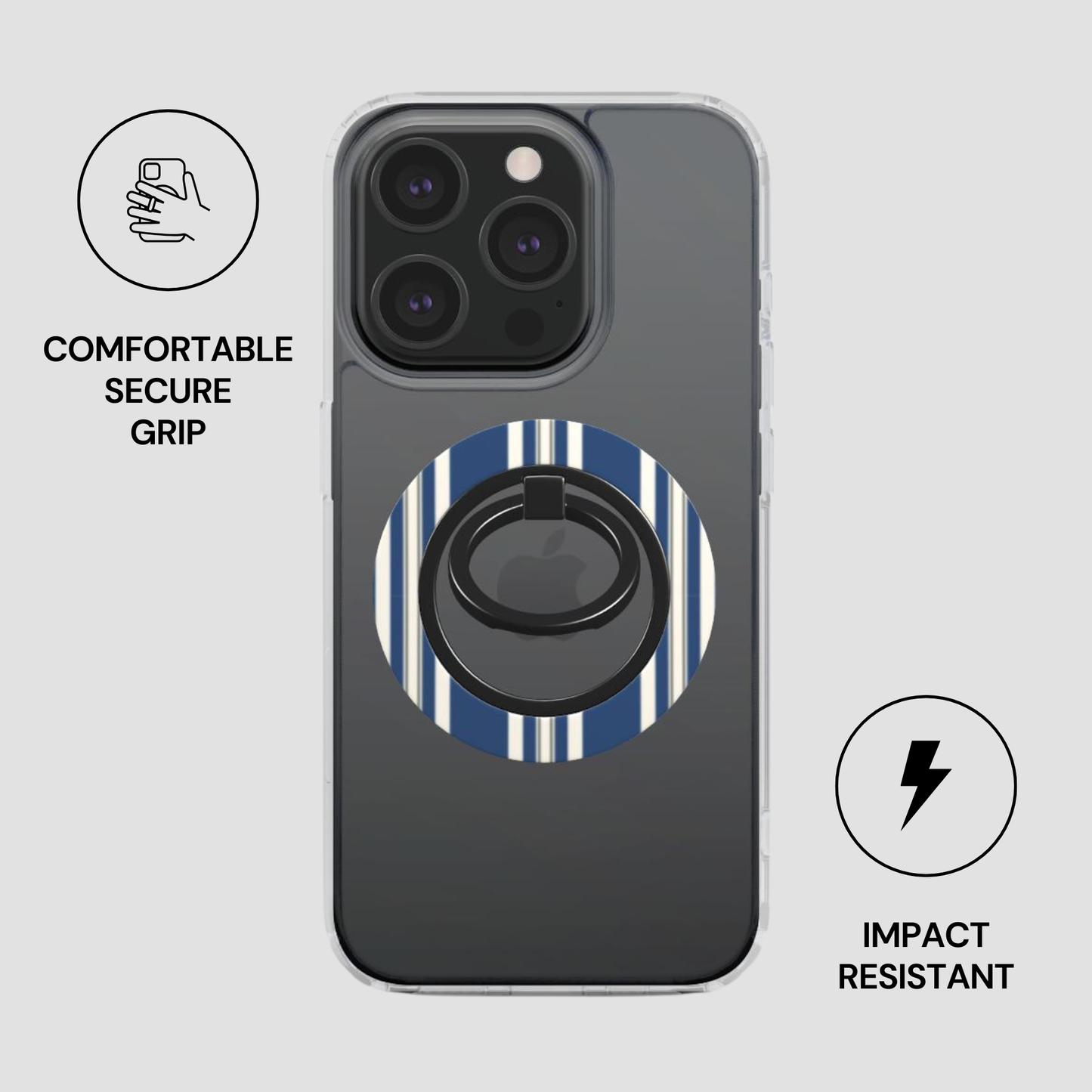 Phone case with ring holder on a gray background