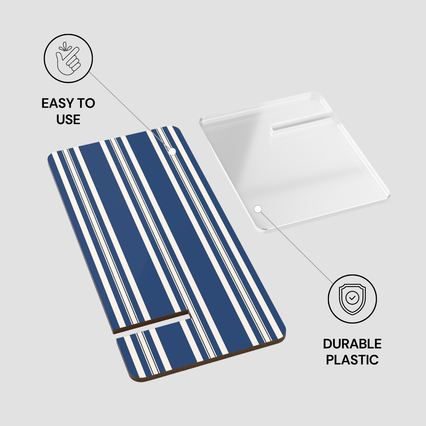Blue and white striped product with 'Easy to Use' and 'Durable Plastic' text on a gray background