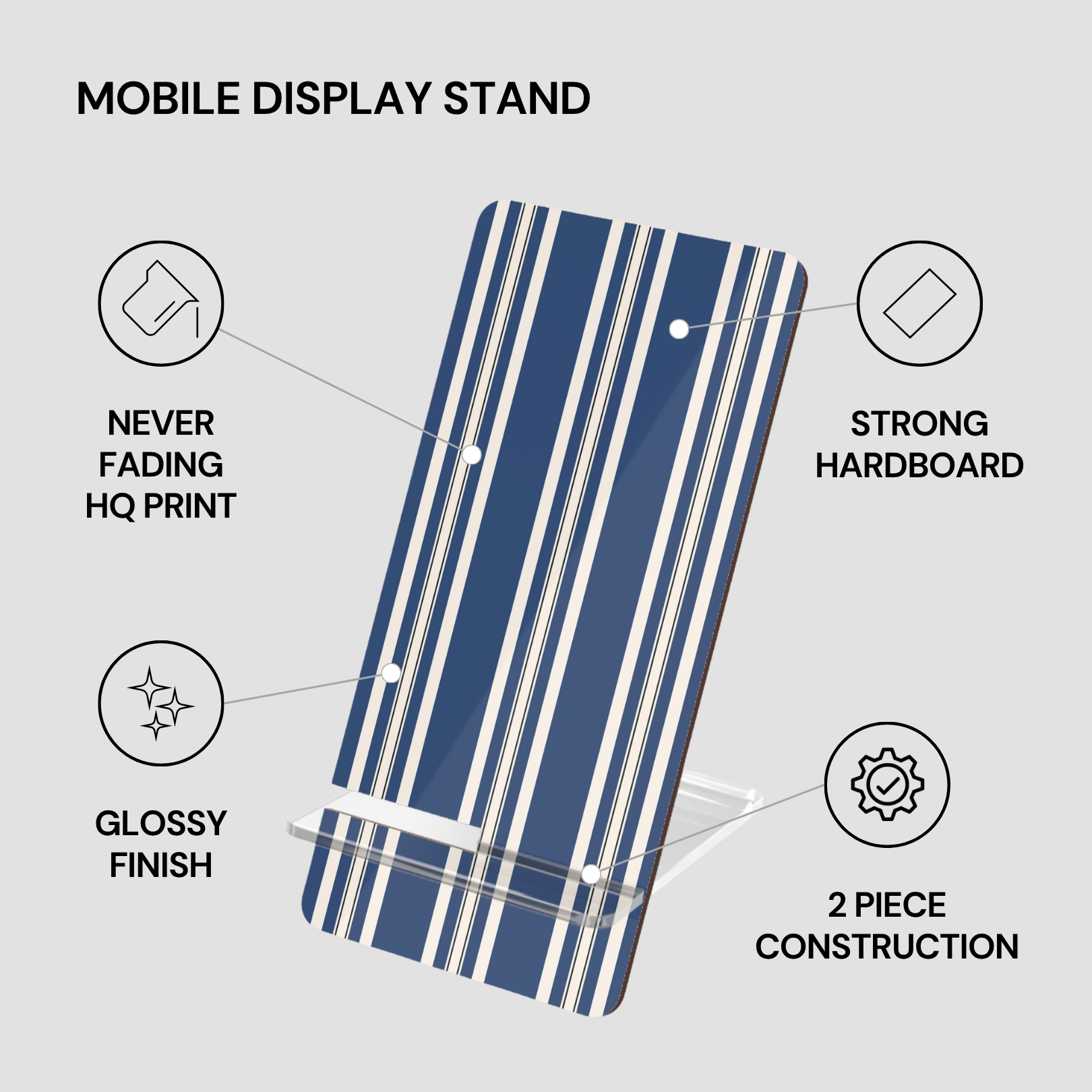Blue and white striped mobile display stand with features listed on a gray background