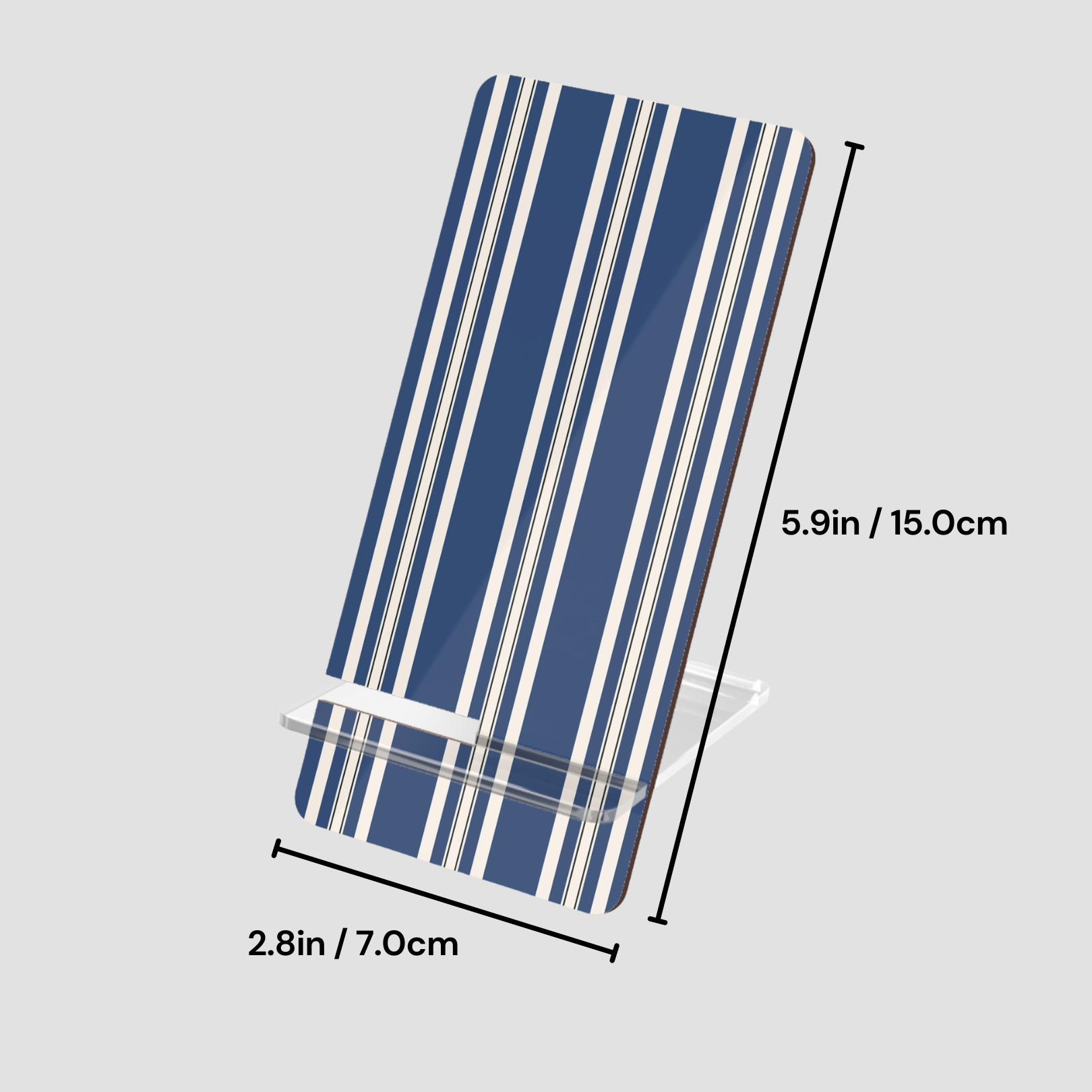 Blue and white striped towel with dimensions on a gray background