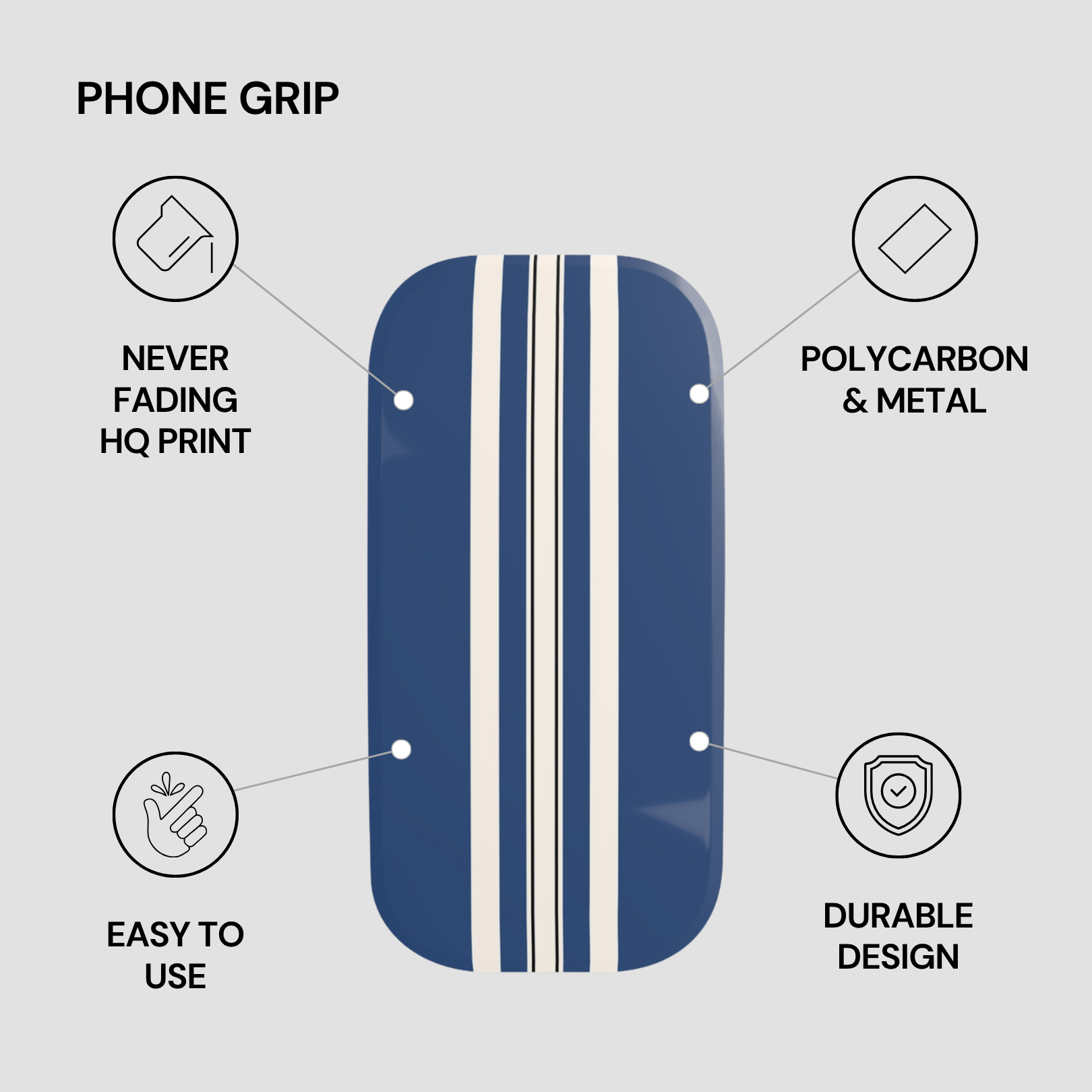 Blue phone grip with features highlighted on a gray background