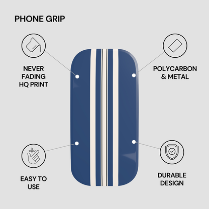 Blue phone grip with features highlighted on a gray background
