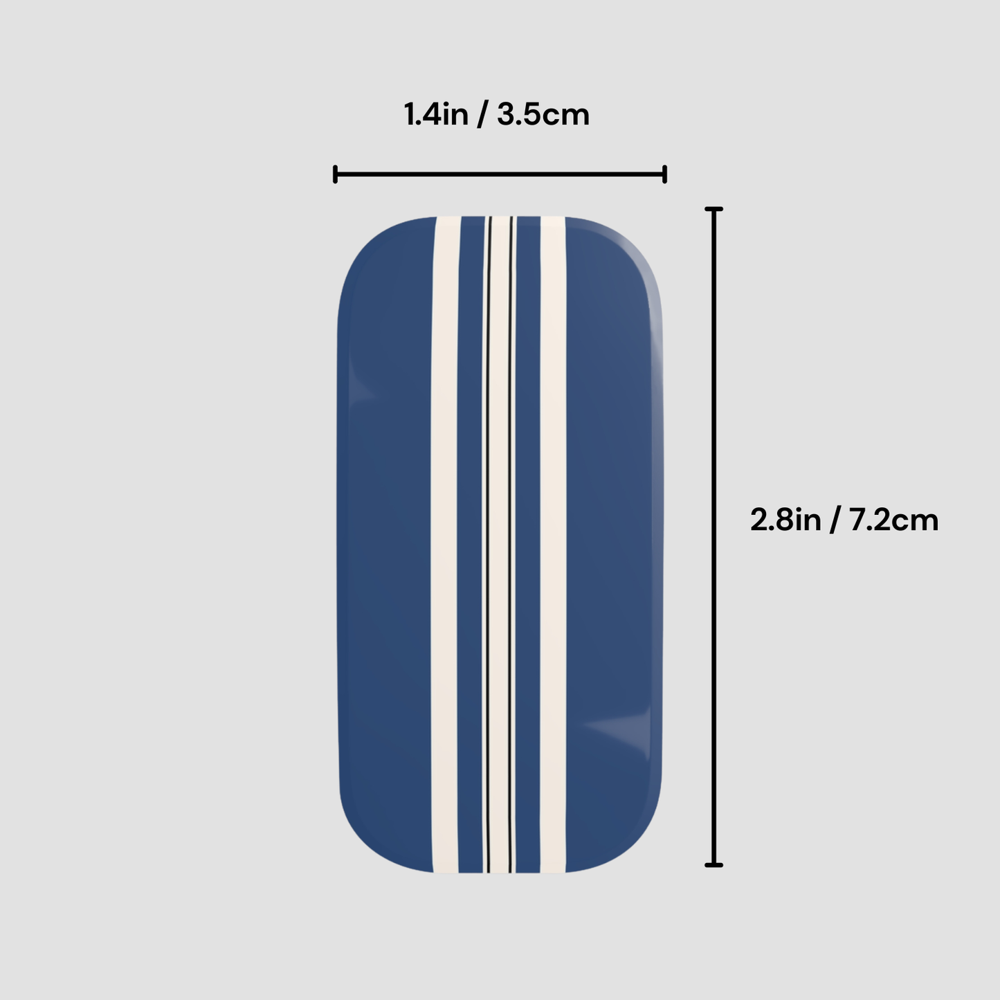 Blue rectangular object with white stripes and measurements on a gray background
